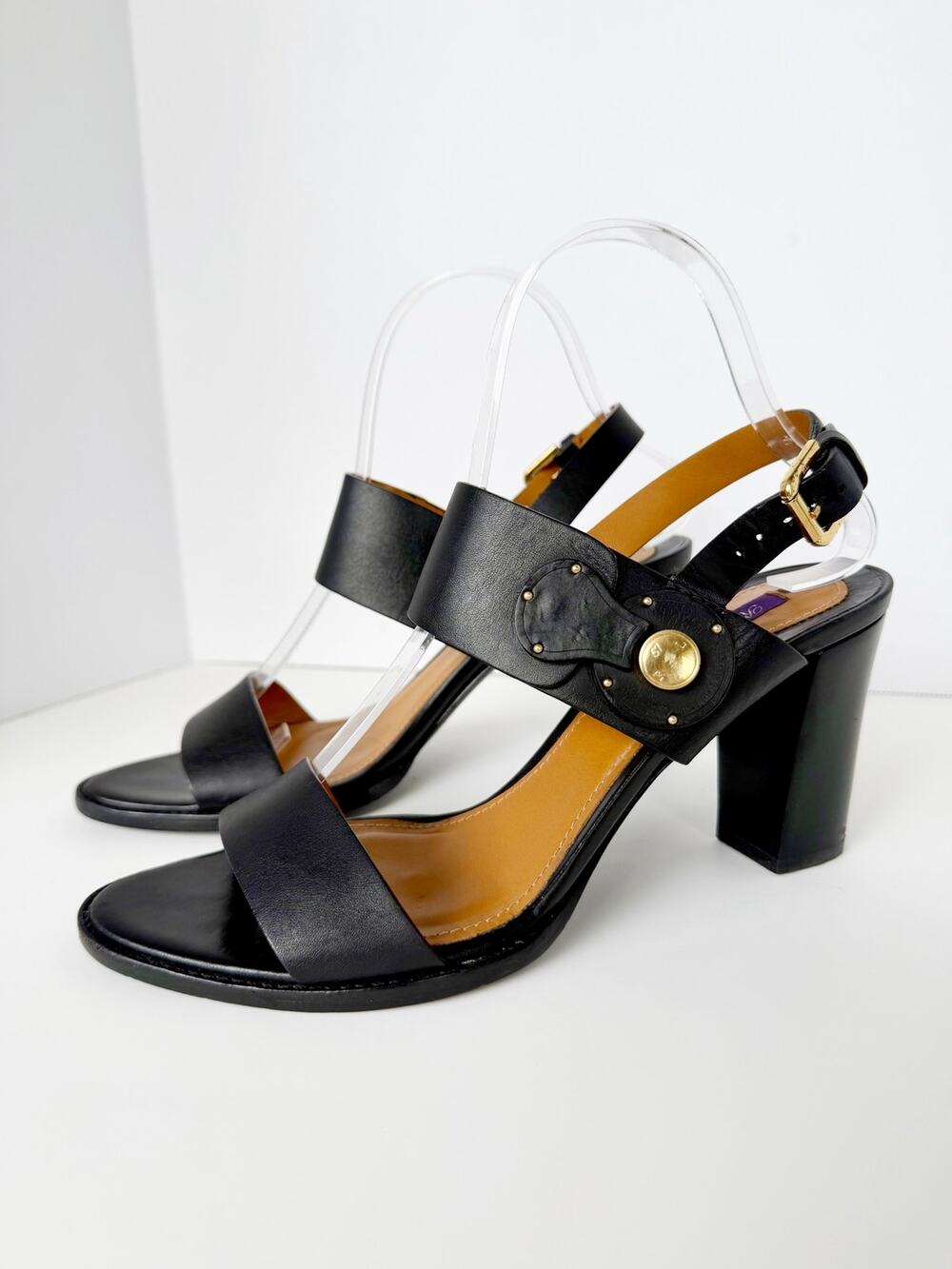 Ralph Lauren Collection Black Leather Ricky Lock Block Heel Sandals Sz 38.5/8.5